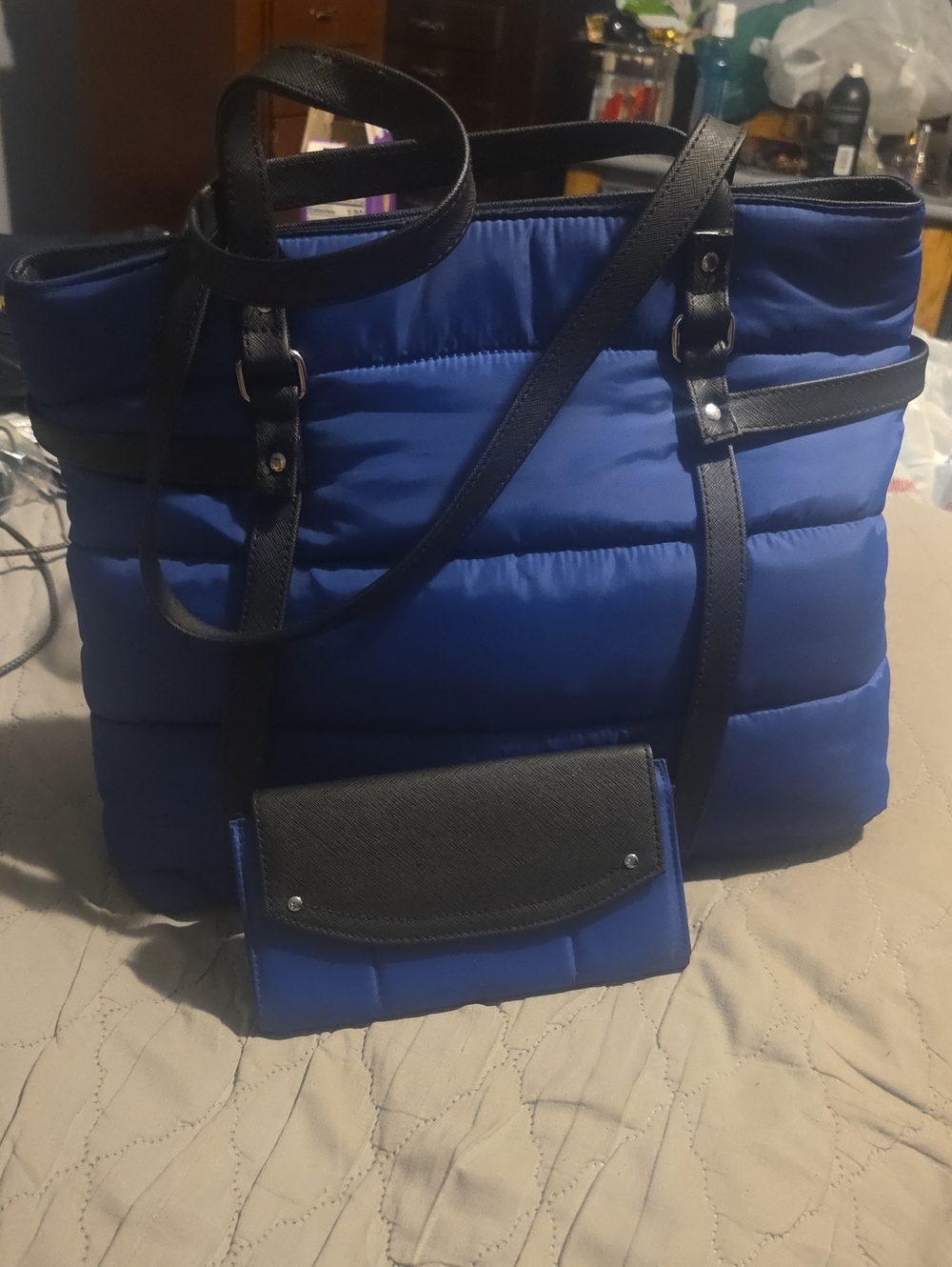 Avon Blue Quilted Tote with Black Accents and Matching Wallet